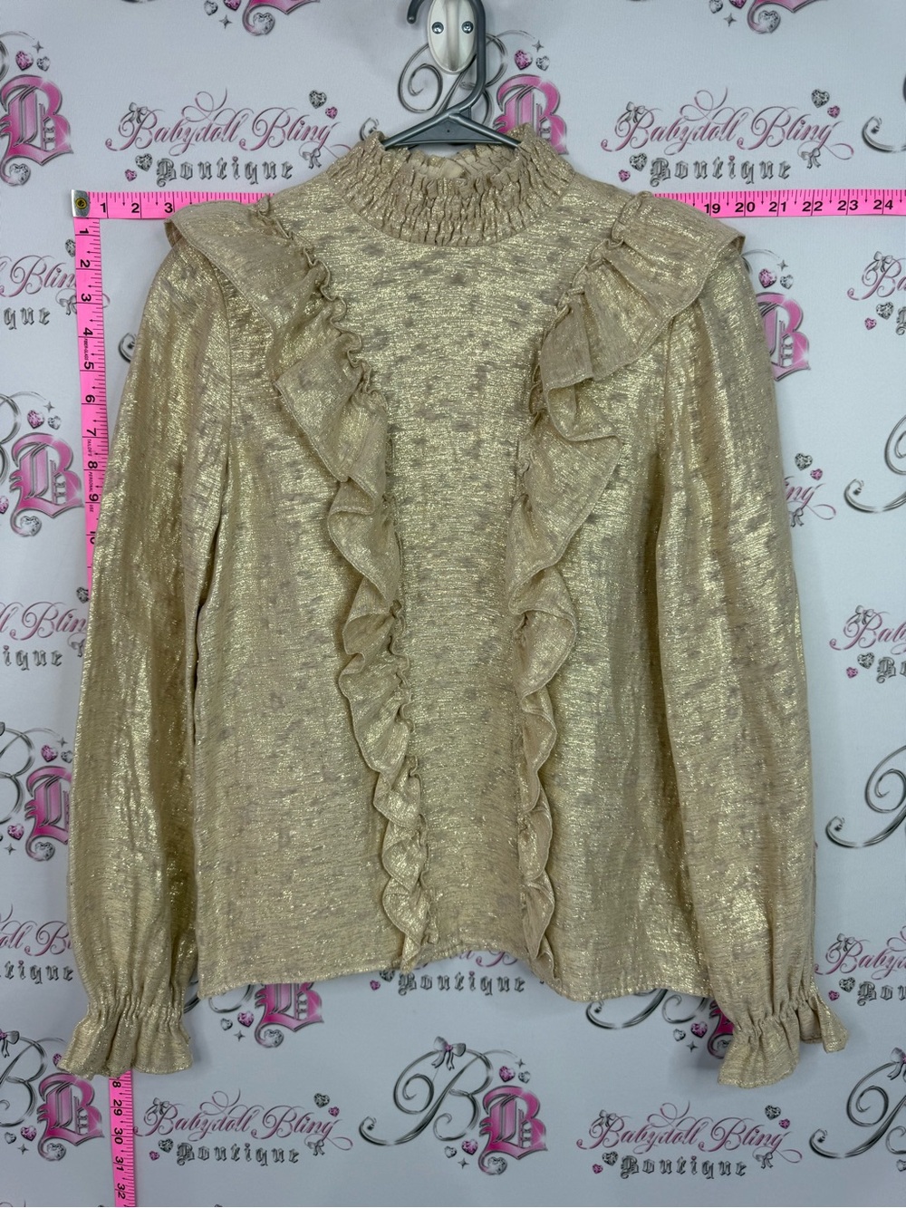 Sezane blouse Paris gold ruffle Metallic Gold Ruffle Long-Sleeve Top